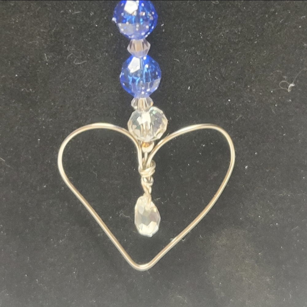 Handcrafted Silver, Blue, and Clear Beads with Heart Suncatcher